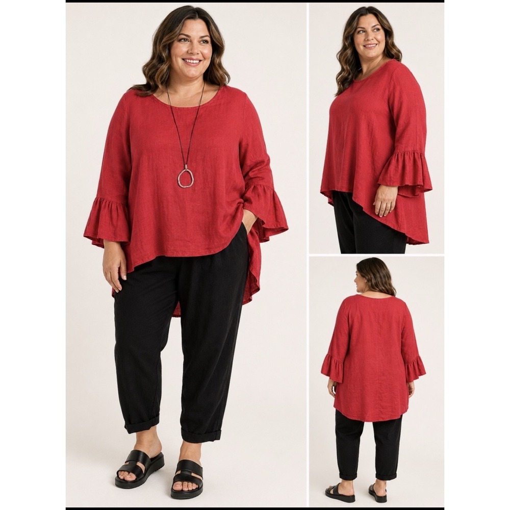Bryn Walker Shirt‎ Sz 3XL 100% Linen Ruffle Sleeve Blouse Lagenlook Red #AB11-10